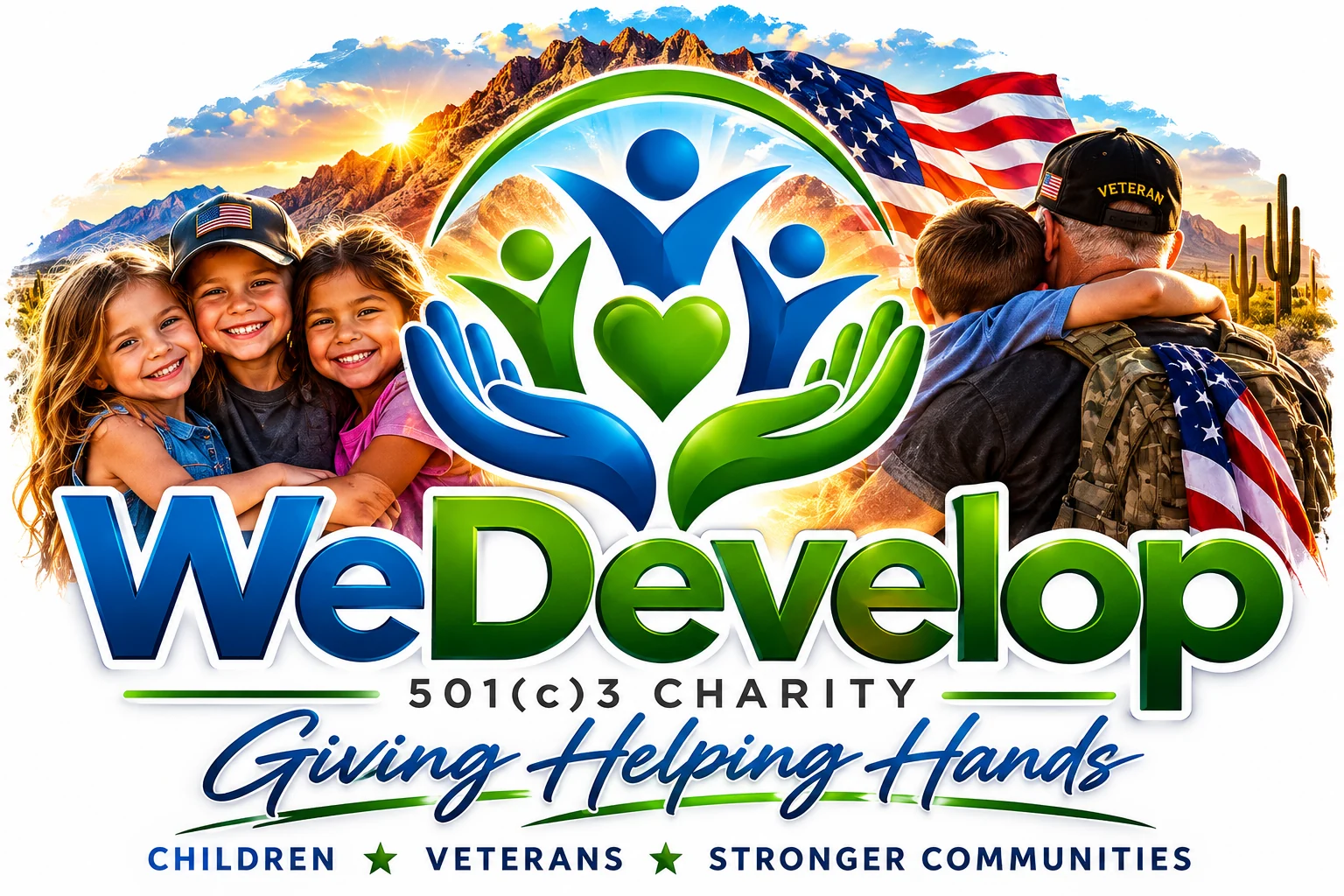 WeDevelop Giving Helping Hands logo with children and veterans